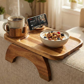 Vellabliss front view of acacia armrest table showing elegant finish and stability