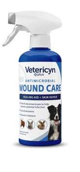 Vetericyn Plus front label on 16 ounce bottle showing brand and product for pet wound care benefits