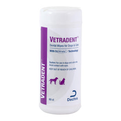 Vetradent paquete frontal grande mostrando 60 toallitas para limpieza dental