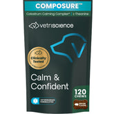 VetriScience front bag showing Calm & Confident bacon 120 count and clear branding benefit: trusted vet-formulated calming