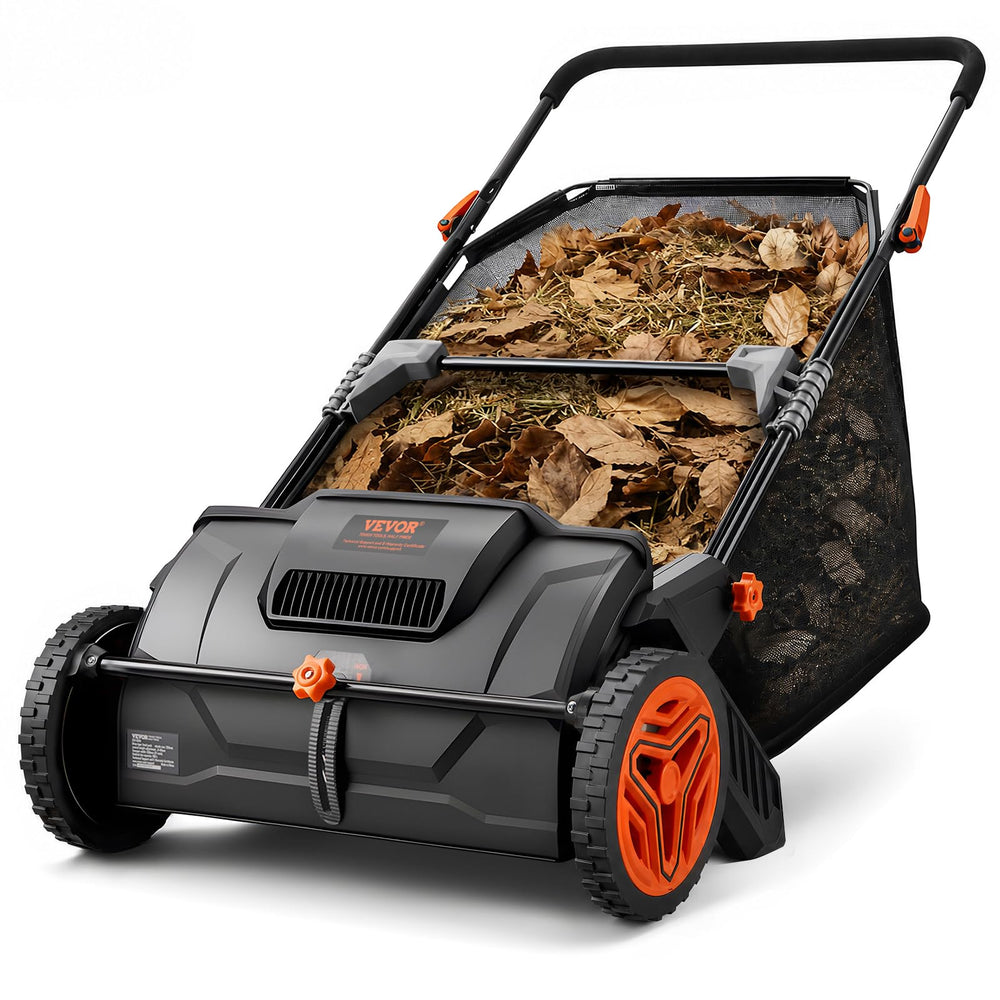 VEVOR front view of 21-inch sweeper showing full sweep width and collection bag benefit