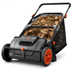 VEVOR front view of 21-inch sweeper showing full sweep width and collection bag benefit