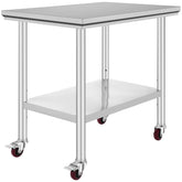 VEVOR front view of stainless steel work table showing sturdy workspace and mobility benefits