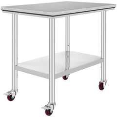 VEVOR front view of stainless steel work table showing sturdy workspace and mobility benefits