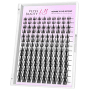 VEYESBEAUTY paquete frontal mostrando las Manga Lash Clusters y beneficio de fácil identificación
