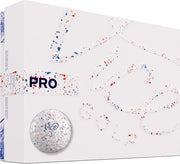 Vice Golf pelota Pro Drip frontal del paquete, diseño rojo y azul con mejora visual