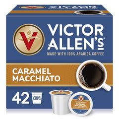 Victor Allen's box front showing Caramel Macchiato pods and benefits