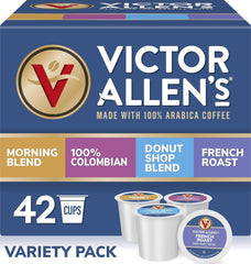 Victor Allen's Coffee front box showing 42-count variety pack and clear labeling benefit