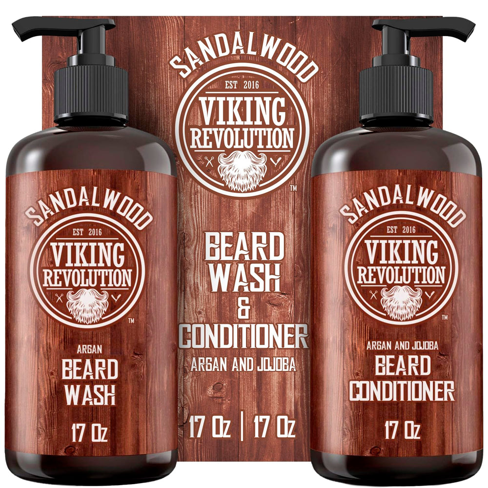 Viking Revolution front packaging showing sandalwood beard set benefits