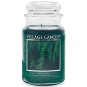 Village Candle front view of green apothecary jar showing balsam fir scent and decorative appeal