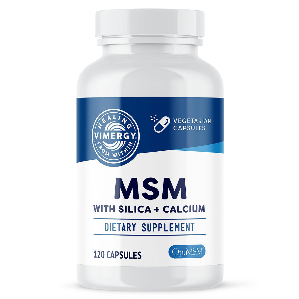 Vimergy envase frontal de MSM con sílice y calcio, muestra fórmula limpia