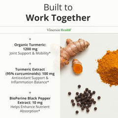 Vimerson Health raíces de cúrcuma y polvo mostrando origen natural