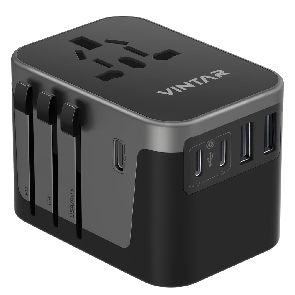 VINTAR adaptador frontal mostrando puertos y toma AC para cargar varios dispositivos