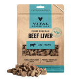 Vital Essentials front packaging showing 15 oz beef liver bag and clear benefits