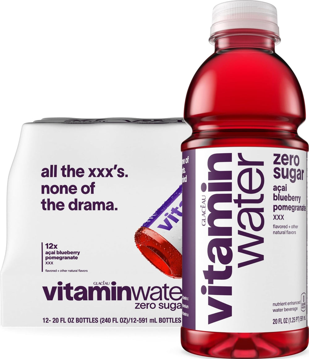 vitaminwater botella frontal mostrando sabor açai blueberry pomegranate y beneficios