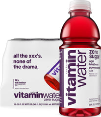 vitaminwater botella frontal mostrando sabor açai blueberry pomegranate y beneficios