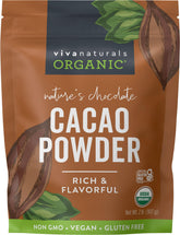 Viva Naturals front packaging showing organic cacao powder and clear product identity benefit