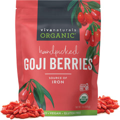 Viva Naturals paquete frontal de bayas de goji mostrando tamaño y marca
