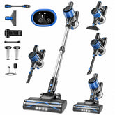 VOKENE front view showing sleek blue stick and cleaning head, highlights compact storage