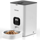 VOLUAS comedero automático frontal mostrando depósito 4L y boquilla, seguridad y capacidad