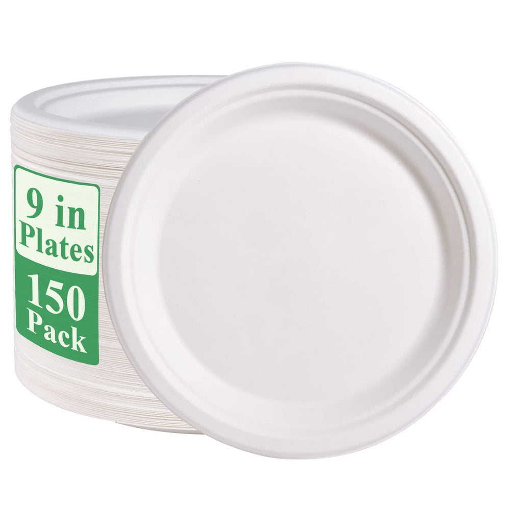 Vplus paquete frontal de 150 platos compostables mostrando cantidad y diseño resistente