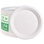 Vplus paquete frontal de 150 platos compostables mostrando cantidad y diseño resistente