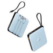 VRURC frontal del power bank azul mostrando diseño compacto y beneficio de portabilidad