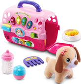VTech front packaging showing carrier and plush puppy, conveys toy contents