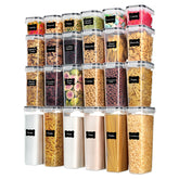 Vtopmart front packaging showing 24-piece black airtight containers and labels for organized pantry