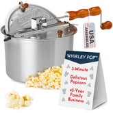 Wabash Valley Farms Whirley Pop front view showing pot and lid, clear kitchen benefit