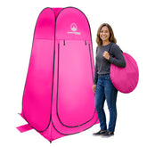 Wakeman front view of pink pop up pod showing full privacy shelter and quick setup benefit