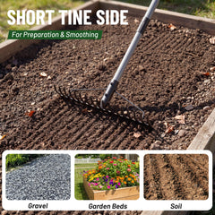 Walensee rake used to loosen compacted soil showing efficient soil-turning benefit