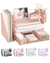 WALI rose gold front view showing organized trays and tidy desktop benefit
