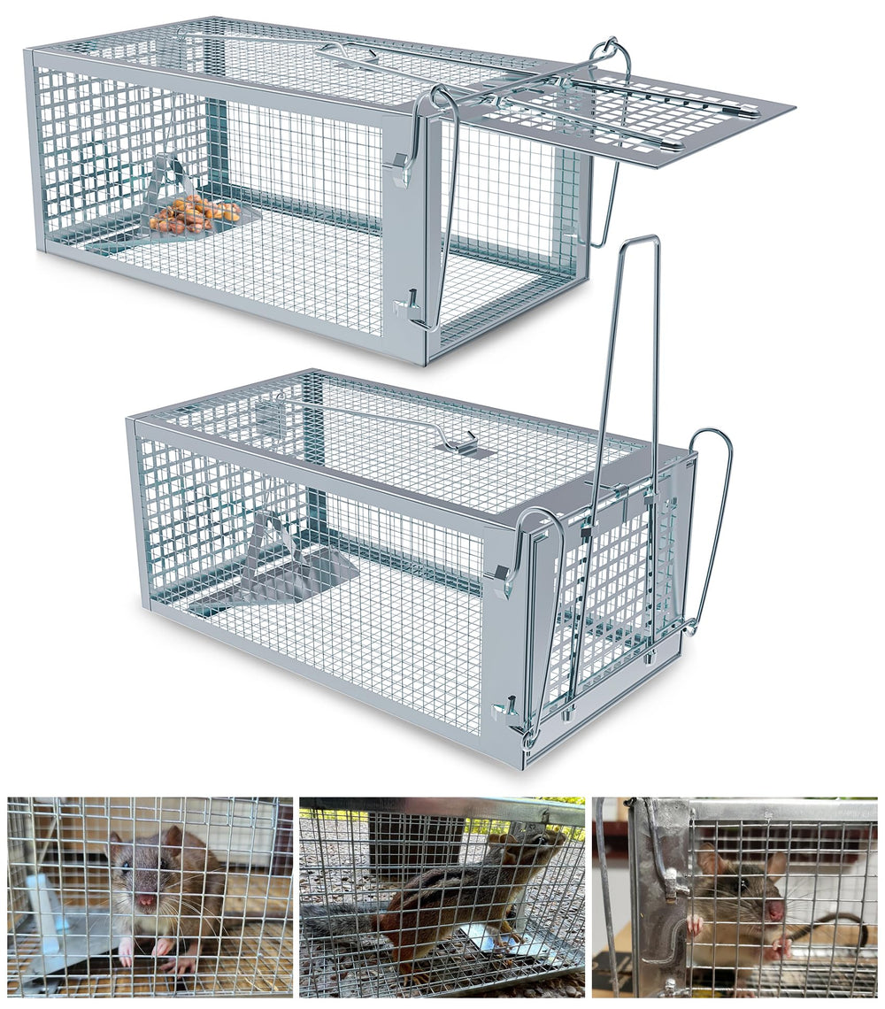 Wanqueen front view of two live-capture cages showing compact pack and accessibility