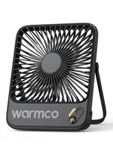 Warmco D3 front view showing compact fan and stable stand for travel convenience
