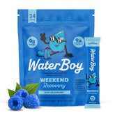 Waterboy Blue Raspberry front packaging showing 24-count and benefits