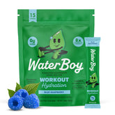 Waterboy pack frambuesa azul frontal mostrando 15 sobres y beneficios