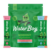 Waterboy frente del empaque mostrando 30 sobres y variedad de sabores, práctico para llevar