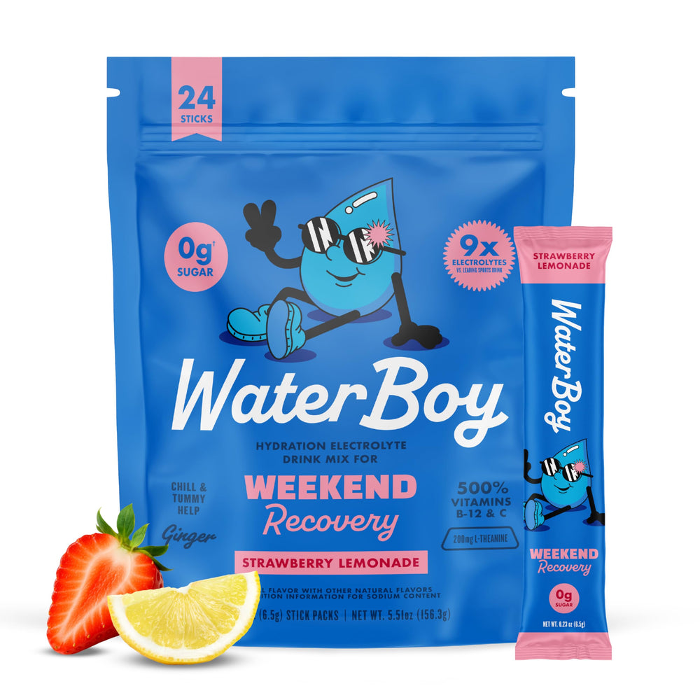 Waterboy frente del paquete mostrando 24 sobres y beneficios