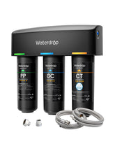 Waterdrop vista frontal del sistema completo mostrando unidad y cartuchos, mejora del sabor