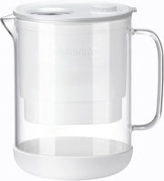 Waterdrop PT-72W front view showing sleek white glass pitcher and lid, elegant countertop benefit