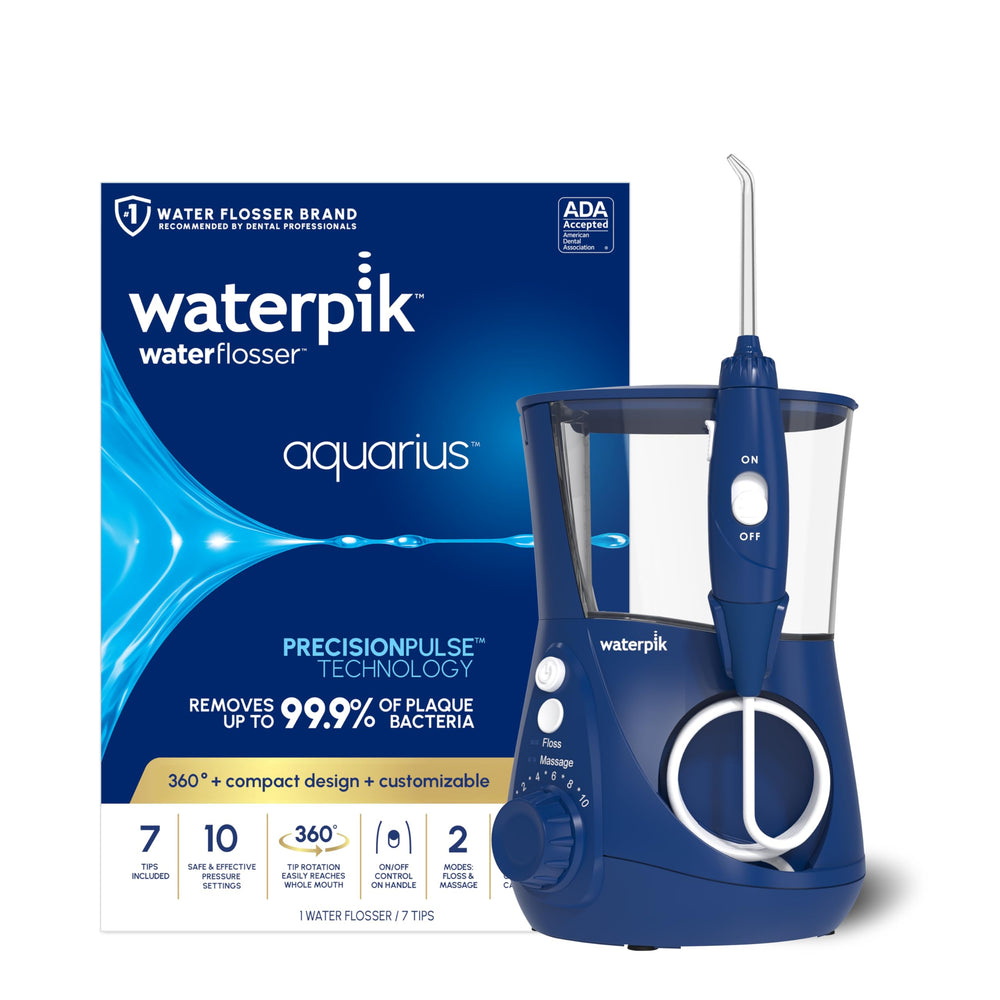 Waterpik Aquarius front view showing unit and base for efficient countertop cleaning