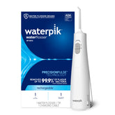 Waterpik Cordless 1100 frente con caja mostrando portabilidad y garantía ADA