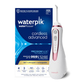 Waterpik Cordless Advanced front profile showing compact design and rose gold finish benefit: easy storage