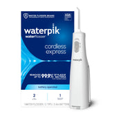 Waterpik Cordless Express front view showing compact white unit and controls