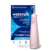 Waterpik Cordless Pulse 3100 front view showing compact pink design and benefits