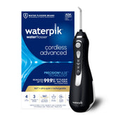 Waterpik frontal negro mostrando diseño portátil y elegante
