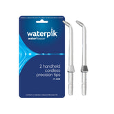 Waterpik paquete frontal con dos puntas Precision, identificadas por color para uso compartido