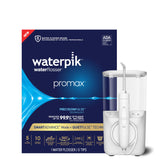 Waterpik Promax vista frontal con depósito y base compacta beneficio ahorro de espacio