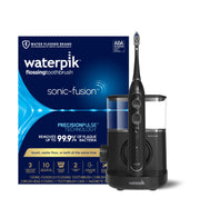 Waterpik Sonic-Fusion front view showing sleek black finish and combined cleaner